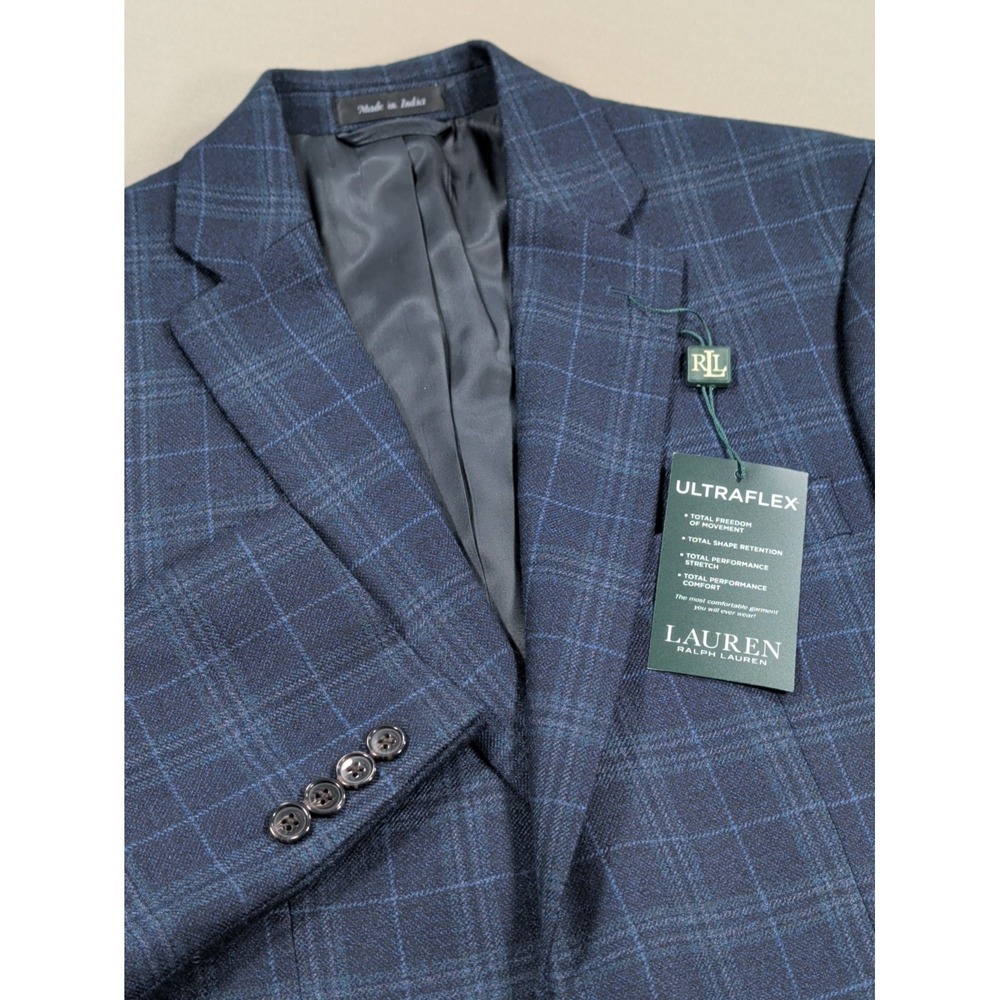 Lauren Ralph Lauren Sport Coat Blazer Jacket Mens 38R Navy Blue Plaid Ultraflex